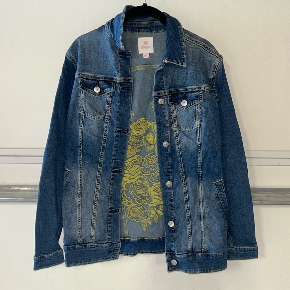 LuLaRoe vintage denim jacket with green floral embroidered